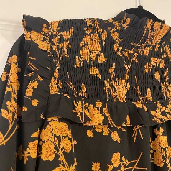 THML Floral Black and Mustard Smocked Mock Neck Women's Blouse, Medium - Picture 2 of 7